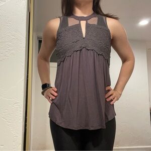 Women’s Maurices Gray Asymmetrical Cut Out Tank Top with Lace and Mesh Details